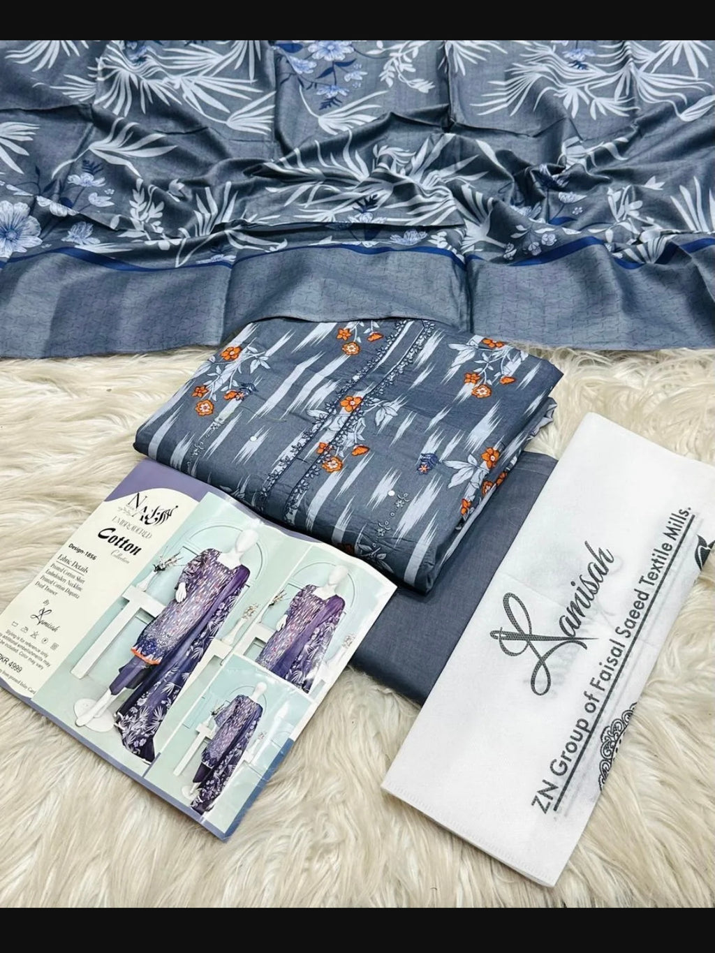 3 pcs Women's Embroidered Cotton Lawn Suit Grey