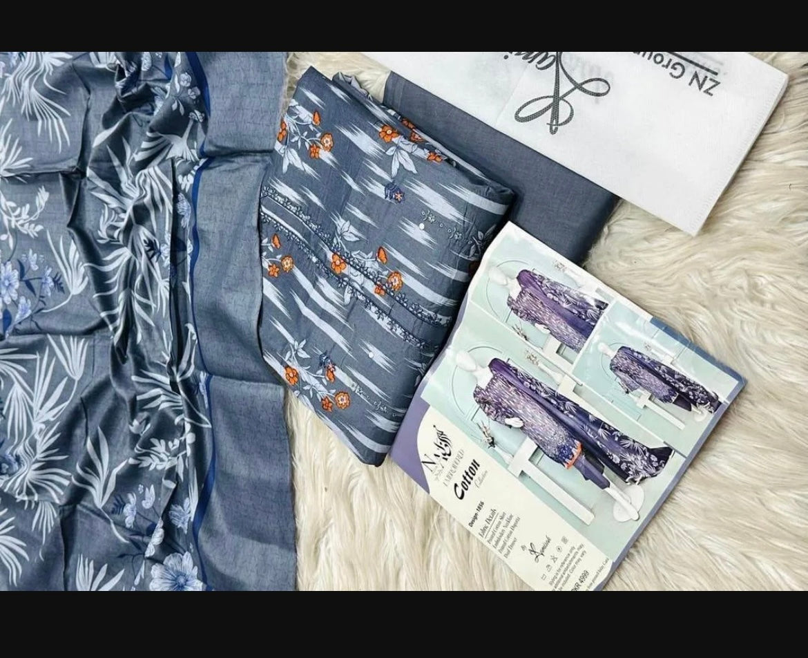 3 pcs Women's Embroidered Cotton Lawn Suit Grey