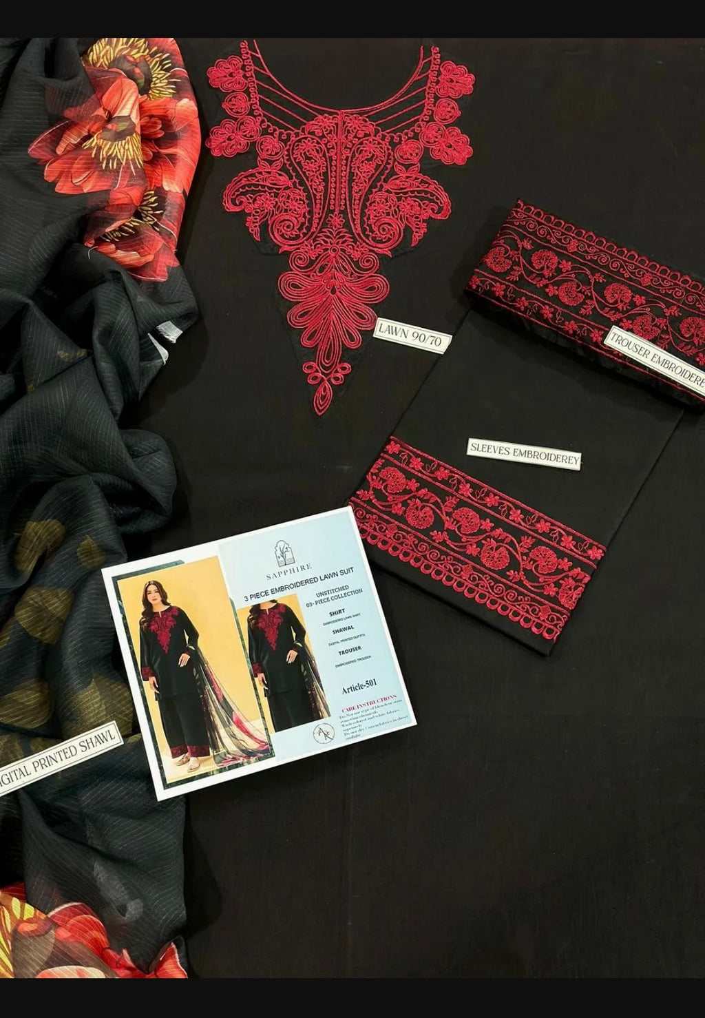 Black Embriodered 3 Pcs Lawn Suit for Women