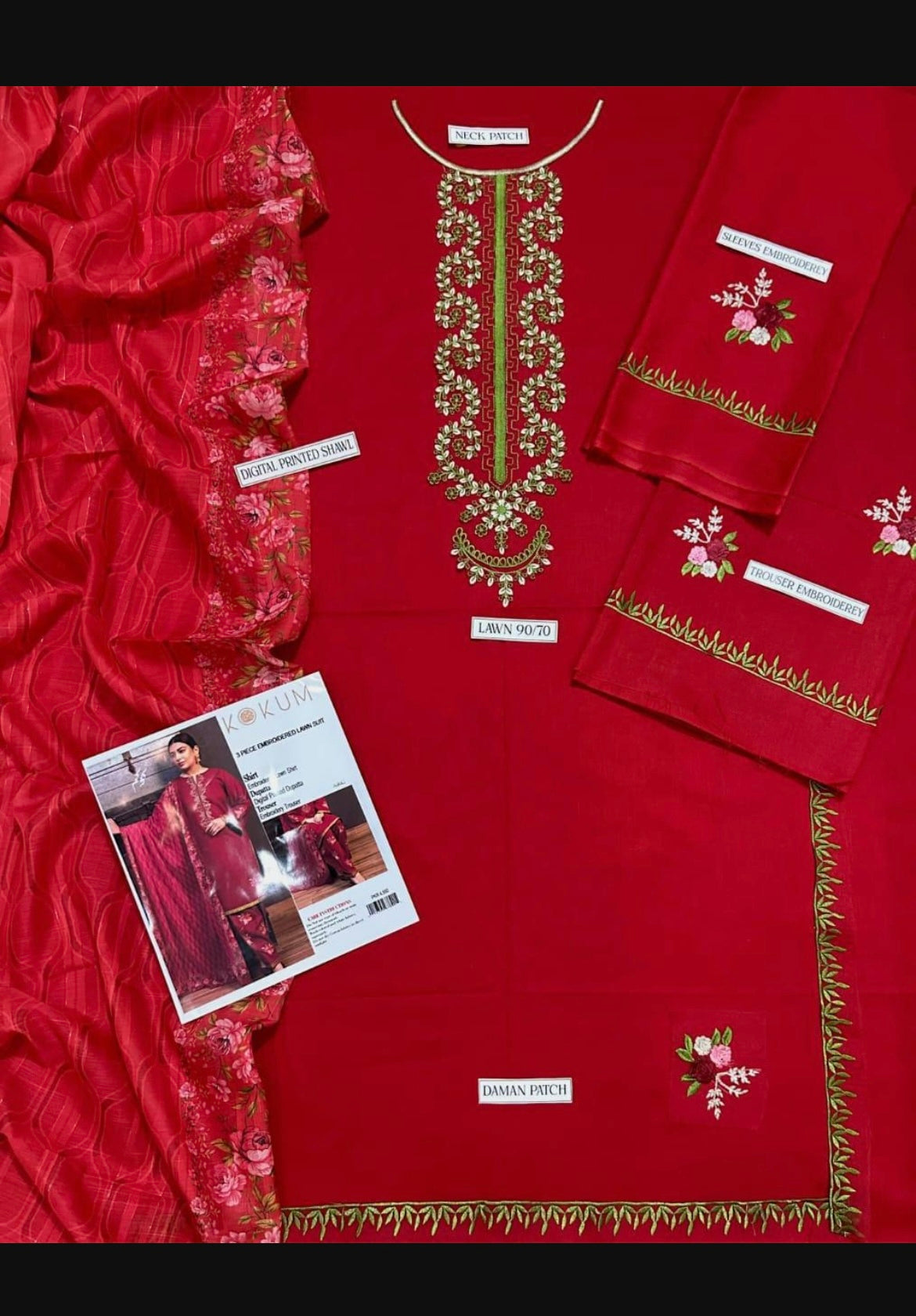 Red Embroidered 3 Pcs Lawn Suit for Women's