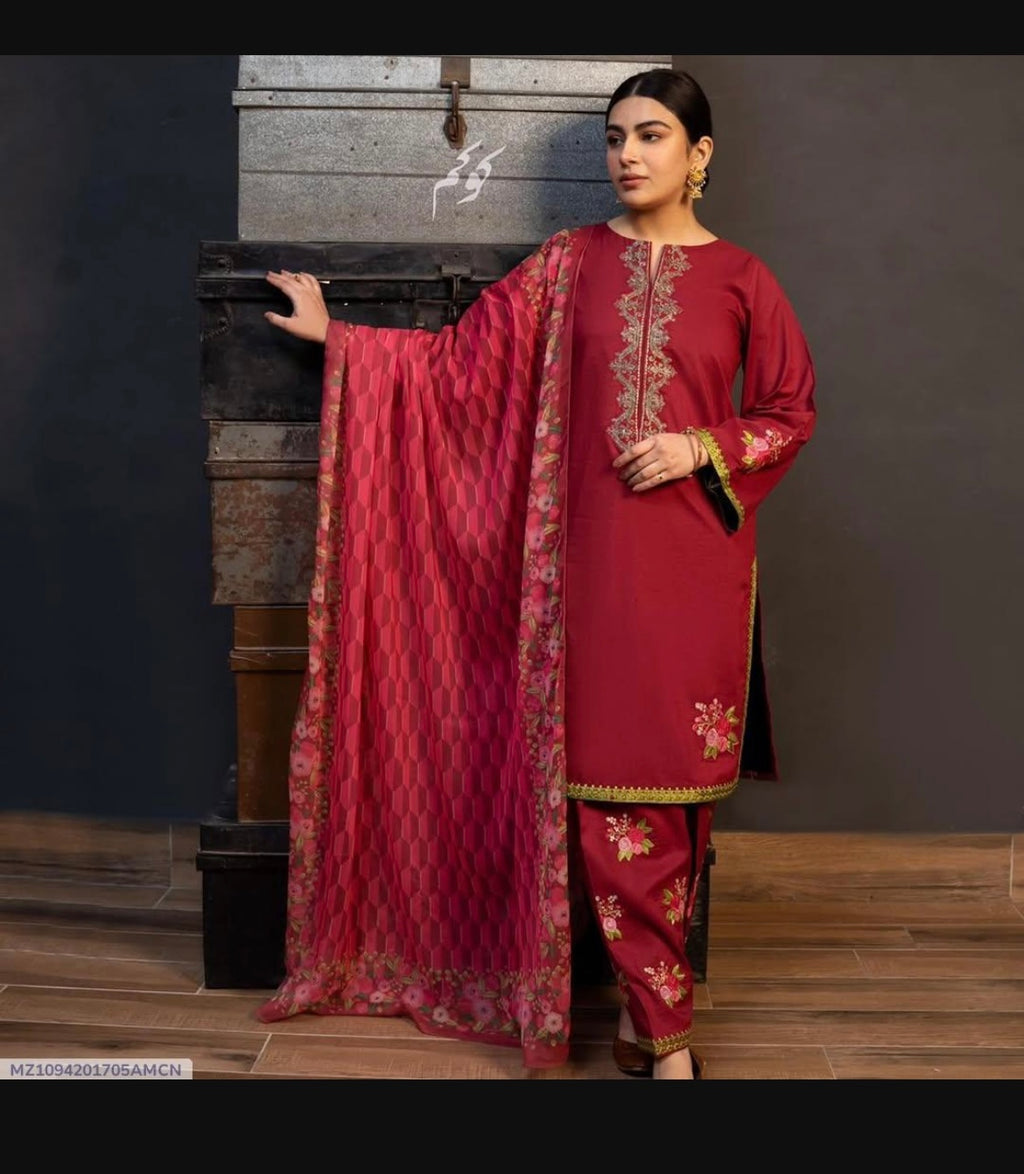 Red Embroidered 3 Pcs Lawn Suit for Women's