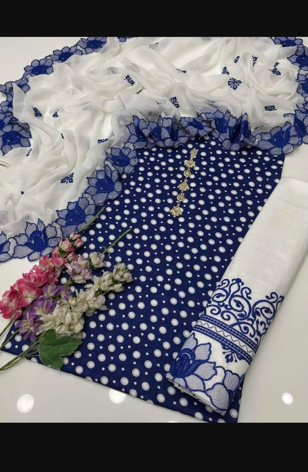 Women Cotton Lawn Printed Suit Blue 3 Pcs Set