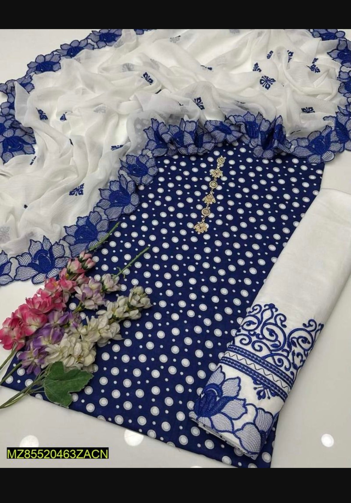 Women Cotton Lawn Printed Suit Blue 3 Pcs Set