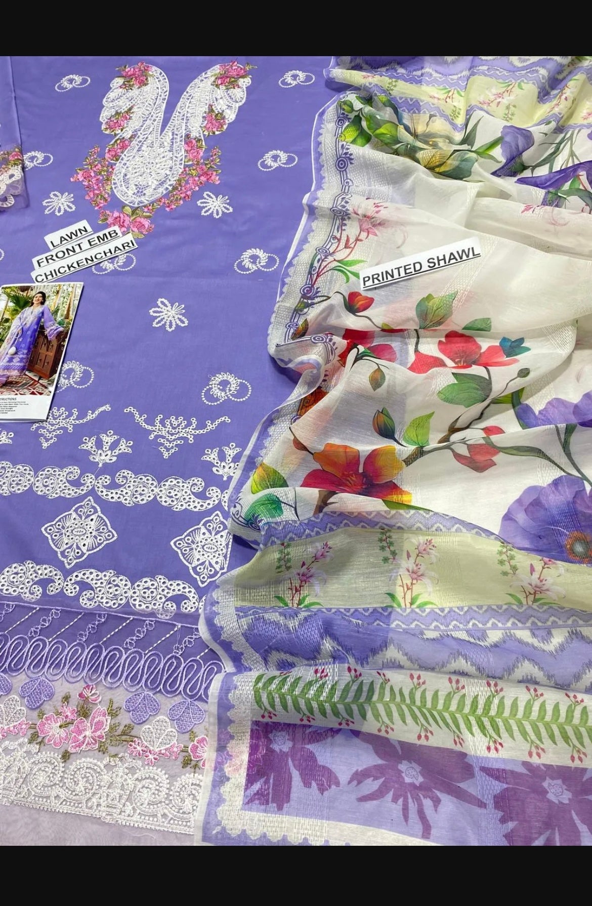 Unstiched Chikenkari Lawn 3 Pc Suit